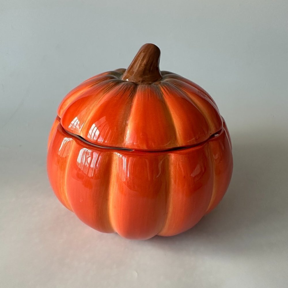 FTD 6 1/2 inch Orange Ceramic Fall Halloween Pumpkin Cookie Jar Decoration